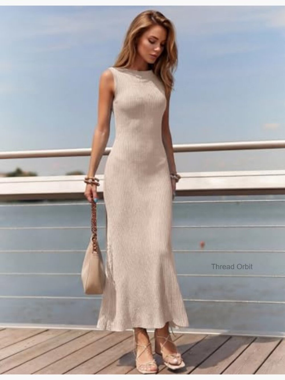 Sleeveless Boat Neck Bodycon Maxi Dress - Stretchy Knit, Formal & Casual - Picture 2 of 7